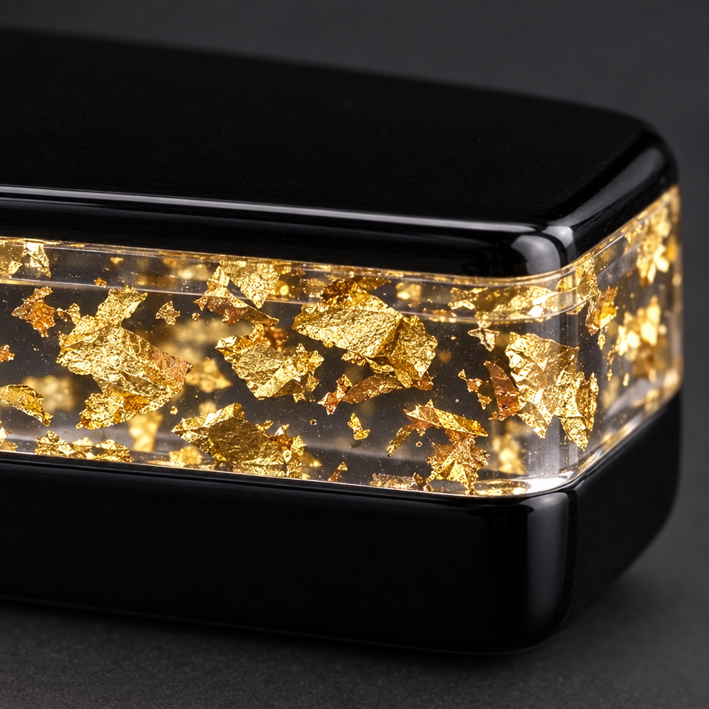 Material swatch of clear acrylic containing gold-leaf flakes