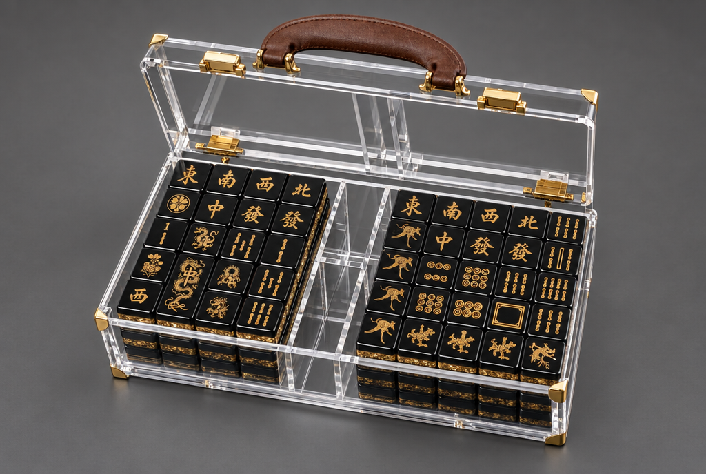 The clear acrylic briefcase filled with black and gold tiles, with gold corners and a brown leather handle