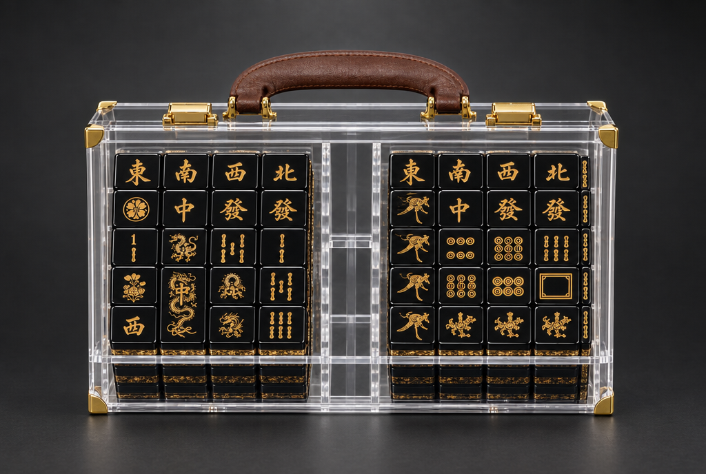 Brown leather handle and gold hardware on the specified acrylic case